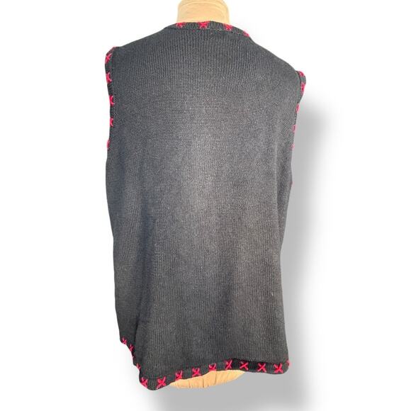 Vintage Holiday Sweater Black Embroidered Embellished Sequin Christmas Vest - Picture 8 of 14